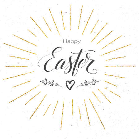 Happy Easter festive greeting card. Design of calligraphy lettering on banner. Vintage handwritten text, doodle with golden glittering rays. Retro label for religious holiday. Vector illustrationのイラスト素材