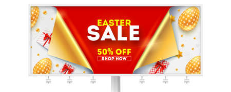 Easter sale get up to 50 percent discount. Billboard for retail shopping actions. Golden easter eggs, gift boxes and toys on white background. Design of text with message about sale, reduce of priceのイラスト素材