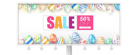 Easter sale. Billboard with design of handwritten text and Easter eggs with pattern painted by hand. Discount 50 percent off. Set of eggs isolated on white background, top viewのイラスト素材