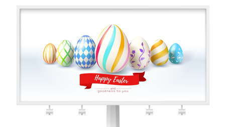 Billboard with festive design for Easter greetings. Template with hand painted easter eggs. Handwriting text with happiness wishes on red ribbon. Realistic vector illustration for Easter holidaysのイラスト素材