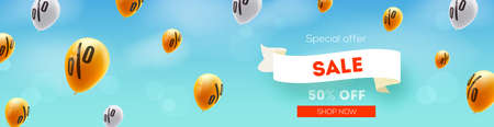 Long banner with Sale, discount offer. Yellow balloons flying in blue sky with sign of percent. Ad of sales actions. Vector 3d illustration. Creative design for discounts actions in shop and marketsのイラスト素材