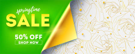 Springtime sale, shop now. Get up to 50 percent discount. Banner with curved golden corner of page. Abstract pattern from golden buds of roses and balls on wrap paper. Template for shopping actions.のイラスト素材