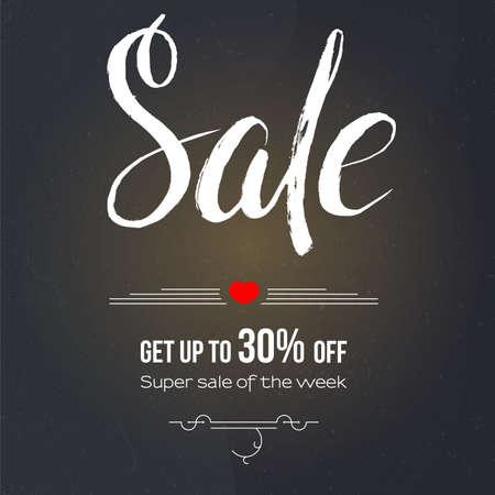 Sale, get up to 30 percent discount. Calligraphy in retro style written of chalk on blackboard, vector illustration. Design of modern handwritten text. Banner for sales, discounts actions.のイラスト素材
