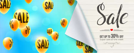Sale, Discount 30 percent off. Banner with bended corner of paper, flying helium balloons in blue sky and handwritten text. Vector banner with design of text on background of textured wooden planksのイラスト素材