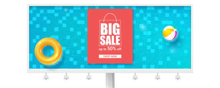 Big summer sale, hot offer in summertime. Realistic billboard. Swimming pool with blue wavering water, inflatable ring, beach ball. Three dimensional vector illustration for events by discountのイラスト素材