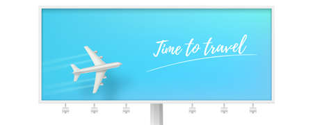 Silver airplane in blue sky on billboard. Time to travel. Flying plane on blue background. The concept of advertising banner for travel agencies, travel. Plane for travel. Jet commercial airplaneのイラスト素材