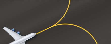 Silver airplane above on the background of asphalt. The plane on the runway with yellow markings, vector illustration. Detailed concept of aircraft for travel. Jet commercial airplaneのイラスト素材