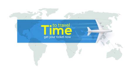 Time to travel. Air transport between countries and continents. Flight routes of the airplanes, dashed lines of track above the earth map. Vector 3d illustration isolated on whiteのイラスト素材