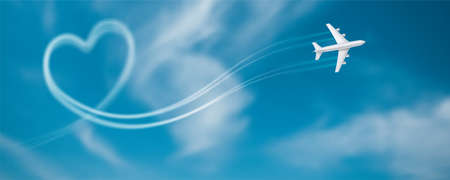 Flight route of the aircraft in the shape of a heart. Smoky line trace of airliner. Realistic icon...