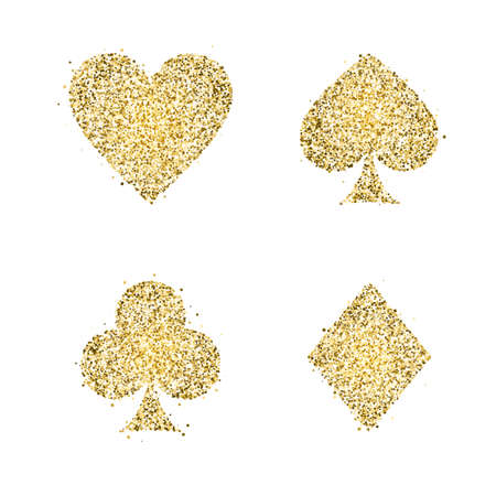 Classical Suit of playing cards. Illustration with golden glitter. Vector icons. Symbols isolated on white backgroundのイラスト素材