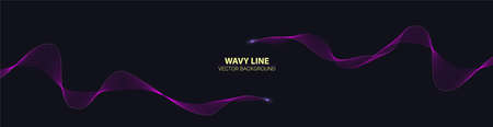 Blended twisted lines with glow on end. Long banner with dynamic flowing waves on dark background....