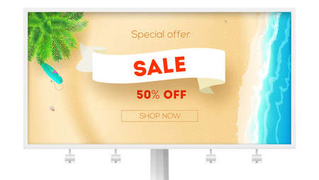 Billboard for actions of sales. Sale, get up to 50 percent discount. Seashore with green palm, surfboard on yellow sand, sea surf. Vector template, 3d illustration.