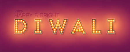 Festival of lights Diwali, design of vintage lettering. Retro signboard with glowing light bulbs. Festive greeting card for celebration of Indian holiday Deepavali. Vector 3d illustrationのイラスト素材