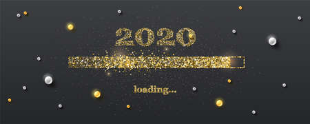 Golden loading bar with transition to 2020 new year on black background. Happy New Year and Christmas card with glittering progress bar and gold and white pearls. Vector illustrationのイラスト素材