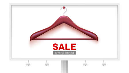 Clearance sale, offer is limited. Empty wooden hanger hanging on wall. Billboard with ad of discount for shopping. Vector banner, 3d illustrationのイラスト素材