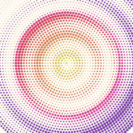 Radial halftone pattern from colored dots. Retro colors on halftone background. Vector illustration