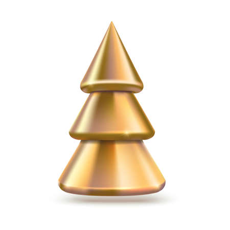 Golden Christmas tree. Metallic pine with reflections and shadow isolated on white background. Symbol of New Year. Vector 3d illustration,のイラスト素材