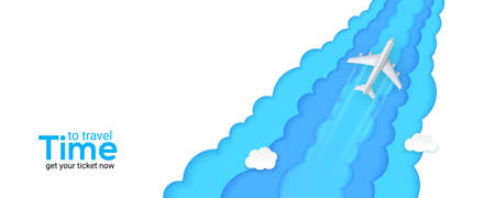 Silver passenger plane flies above the clouds. Time to travel. Blue sky carved from multi layered paper. Realistic airplane and background cut out of paper. Vector 3d illustration, EPS10.のイラスト素材