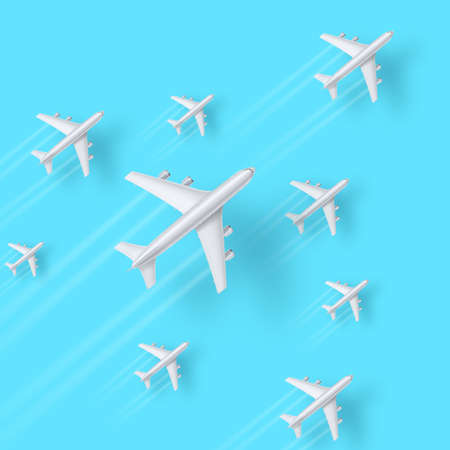 Planes are flying on blue background. Set of realistic 3d airplanes with trail of smoke and shadow. Vector illustration, eps10.のイラスト素材