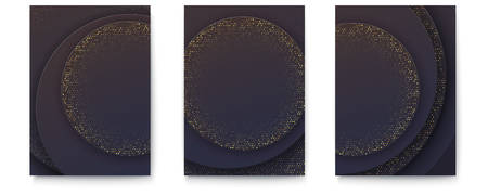 Set of posters with luxury paper cut background with golden pattern. Halftone dotted gradients. 3d...