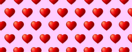 Seamless pattern with volume red hearts isolated on pink long background. Shapes of hearts in...