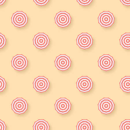 Seamless pattern with sun umbrellas isolated on color background. Sun umbrellas with red pattern on summer sand. Template for fabric, wrapper, banners. Vector 3d illustrationのイラスト素材