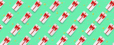 Long present boxes with gold and silver pearl, abstract pattern. Gift boxes with red ribbon and bow tie isolated on green background. 3d vector illustration. Template for celebration postersのイラスト素材