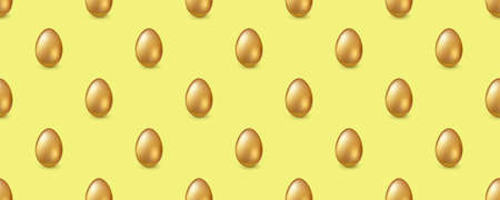 Seamless pattern with golden eggs. Shiny volume chicken eggs on yellow background. Seamless ornament...