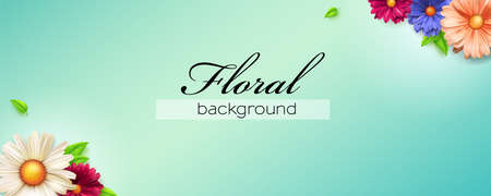 Banner decorated blossom flowers and green leaves. Spring or summer floral composition for invitation, greetins, cover. Vector 3d illustrationのイラスト素材