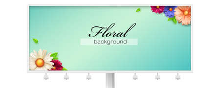 Billboard with banner decorated blossom flowers and green leaves. Floral composition for spring and summer design and creativity. Vector 3d illustrationのイラスト素材