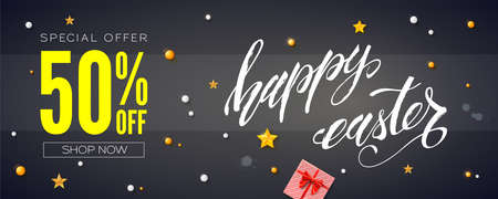 Sale, 50 percent discount. Banner with handwritten text and gift on blackboard decorated golden pearls and stars. Motivational text to shop now. Vector 3d illustrationのイラスト素材