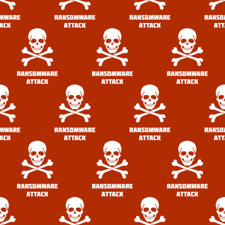 Seamless pattern with white skulls and crossbones on red background. Symbol of Ransomware attack....