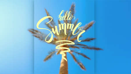 Summer sky, palm and handwritten lettering on blurred background. Hello Summer. Vector template for...