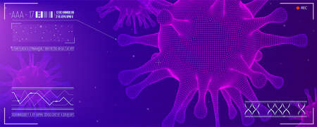 Close up view of virus cells research. HUD screen. UI of microscope. View of bacteria under microscope. Vector banner for websites header. Pandemia of dangerous corona virus Covid 19のイラスト素材