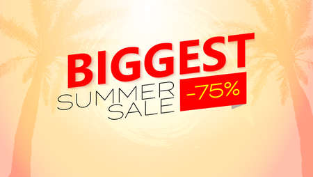 Biggest Summer sale. Vector poster. Tropical sunset and palms tree on background. Huge discounts. Template for your business.のイラスト素材