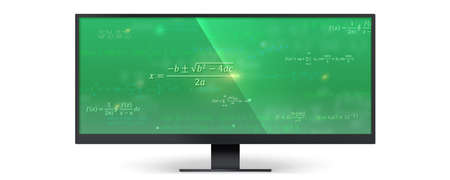 Mathematical formulas on wide green screen of monitor. Concept of online learning. Modern digital...