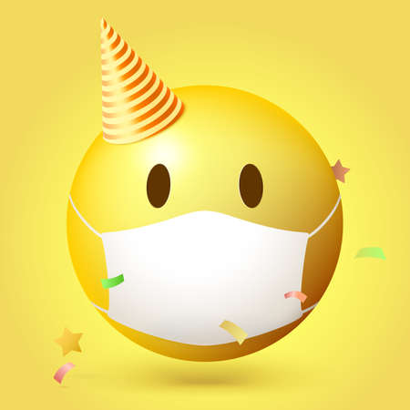 Emoji emoticon with medical mask on face. Emoji icon in the party hat. Confetti floats around it. Vector 3d illustration isolated on yellow background.のイラスト素材