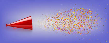 Red old loudspeaker on blue background. Multicolored dust flies out of the megaphone. Vector 3d illustrationのイラスト素材