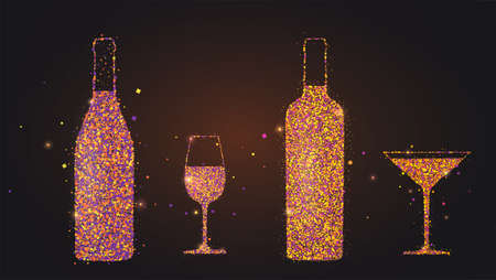 Set of silhouettes of wine glasses and bottles on black background. Abstract outline style. Color glittering particles in glass and bottle shape. Modern vector template for cover, menu, festival.のイラスト素材