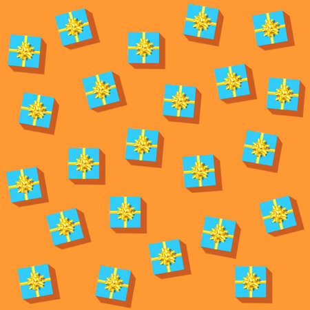 Set of blue gift boxes with golden ribbon and bow. Gift boxes randomly scattered on orange...