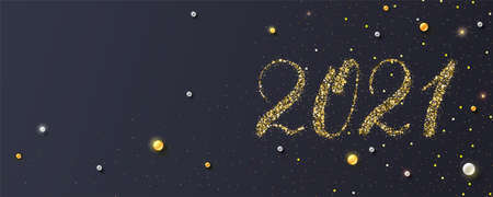 Happy New Year 2021. Handdrawed numbers, glittering golden dust and pearls. New year s poster,...