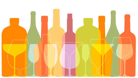 Outline Wine bottles and glasses. Silhouettes in overprinting style. Vector template for menu, festival, banner.のイラスト素材