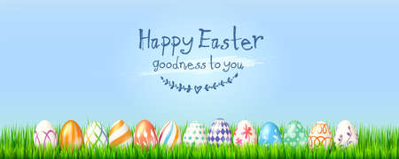 Greetings banner for Easter holidays. Easter eggs with patterns in green grass. Vector 3d...