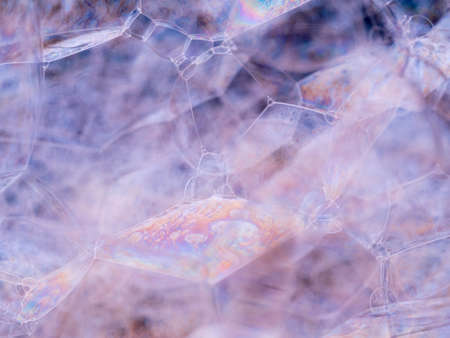Close-up view of soap bubbles with rainbow gradient. Macro shot soap foam structure with soft focus
