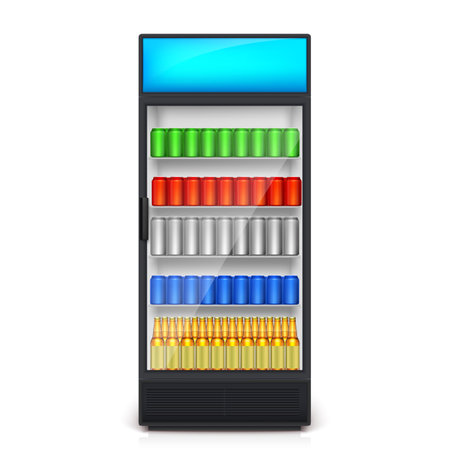 Vending machine. Cans and bottles with blank labels on the shelves. Vector 3d illustration isolated on white.のイラスト素材