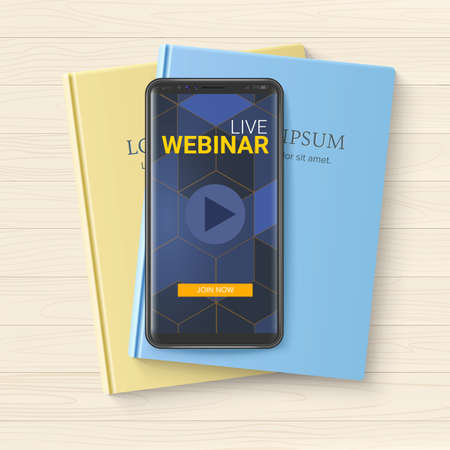 Vector template for announcements of live webinars. Smartphone with app for streaming and join button on screen. Books and phone on wooden tableのイラスト素材