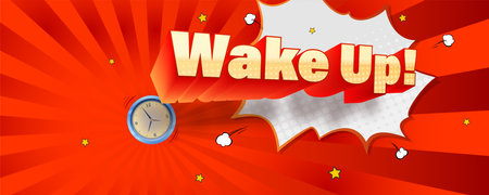 Wake up. Comic volumetric text on retro pop-art background. Vector bright dynamic cartoon 3d illustration on halftone backgroundのイラスト素材