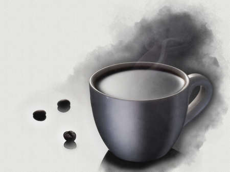 Cup of coffee with steam. Painting in aquarelle style. Watercolor painting.の写真素材