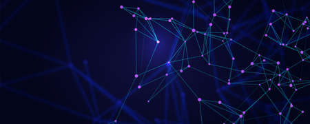 Connected lines with glowing dots. Abstract dark blue background. Mesh in plexus style. Blurred backdrop. Vector illustration.のイラスト素材