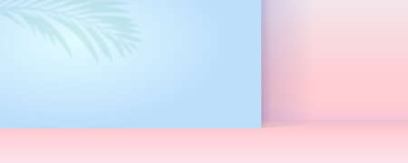 Shadow of palm leafs on the blue wall. Geometric abstract background. Scene for product display. Vector illustrationのイラスト素材